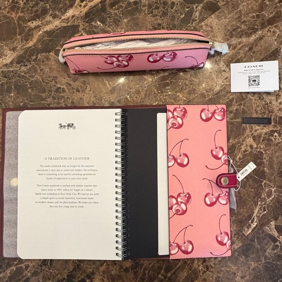 NWT Coach Notebook and Pencil Case Set in Pink Cherry Print - Picture 6 of 7